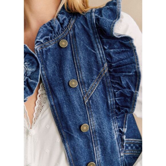 Sézane Faye Organic Cotton Denim Jacket Vest - S Dark Blue - Picture 3 of 5